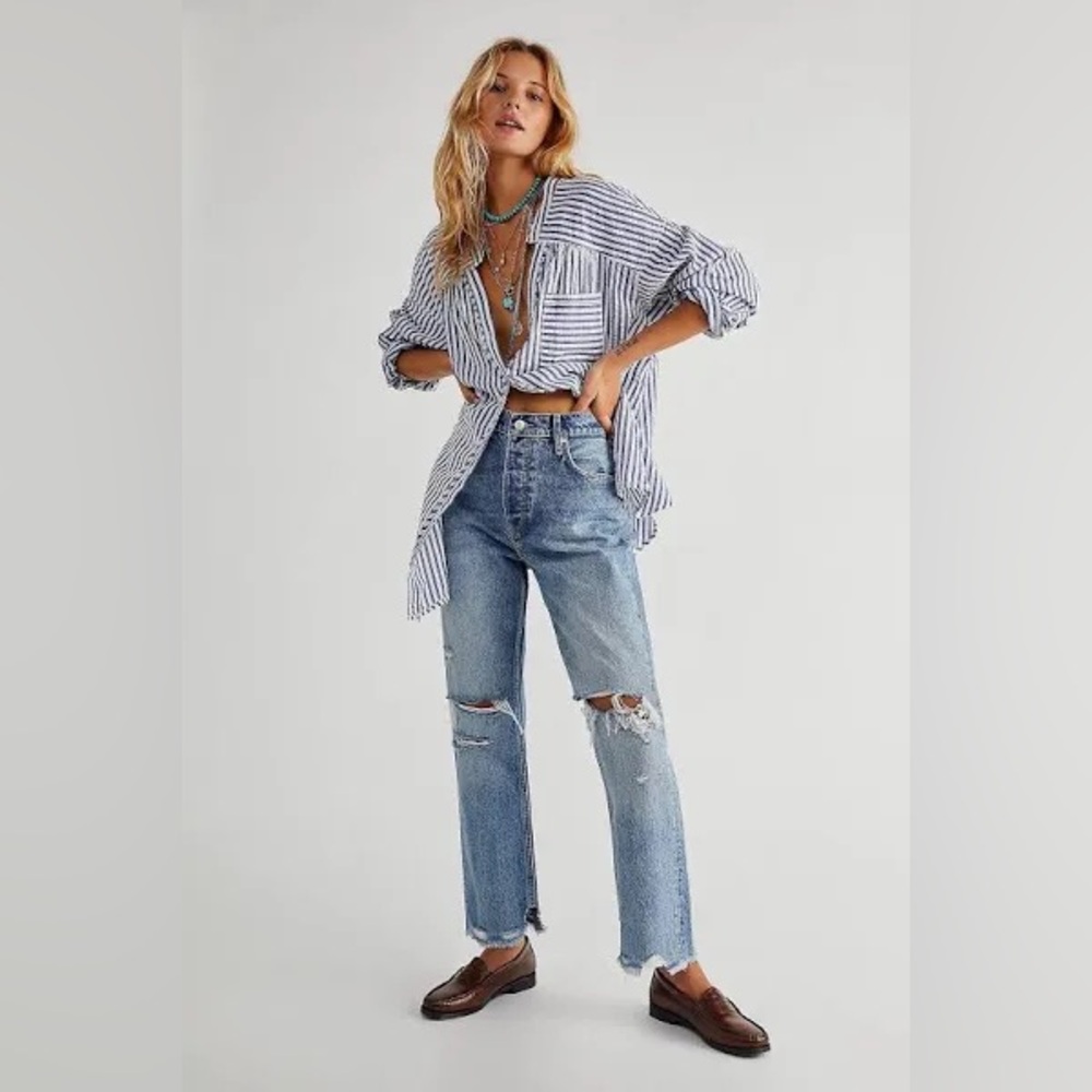 Free People Light Blue Distressed Flare Jeans